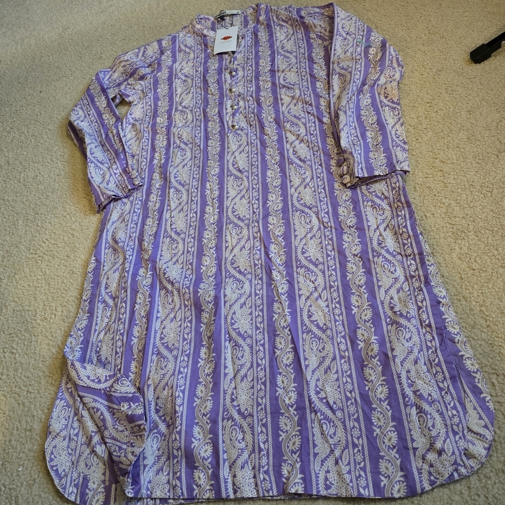 🌈NWT Khaadi 100% Cotton Long Sleeve Side Slits Boho Midi Dress